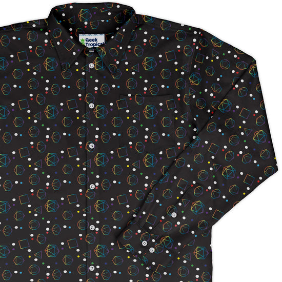 Rainbow LGBTQ+ Pride Dnd Dice Long Sleeve Button Up Shirt Geek Nerd adult sizing Design by Heather Davenport dnd & rpg print