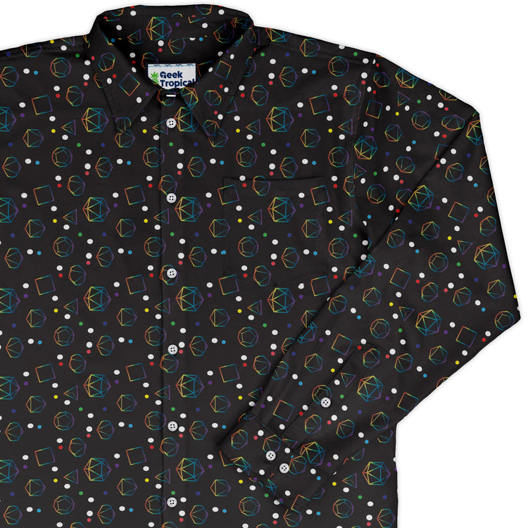 Rainbow LGBTQ+ Pride Dnd Dice Long Sleeve Button Up Shirt Geek Nerd adult sizing Design by Heather Davenport dnd & rpg print