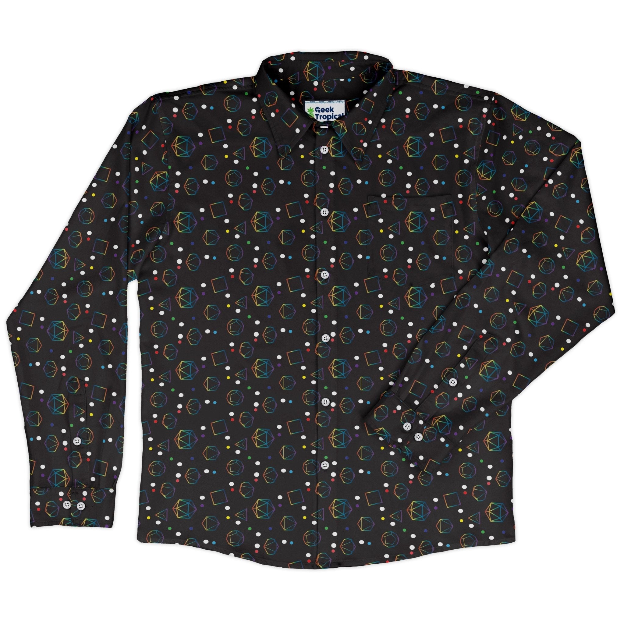 Rainbow LGBTQ+ Pride Dnd Dice Long Sleeve Button Up Shirt Geek Nerd adult sizing Design by Heather Davenport dnd & rpg print