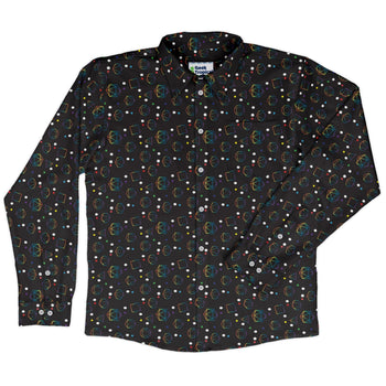 Rainbow LGBTQ+ Pride Dnd Dice Long Sleeve Button Up Shirt Geek Nerd adult sizing Design by Heather Davenport dnd & rpg print