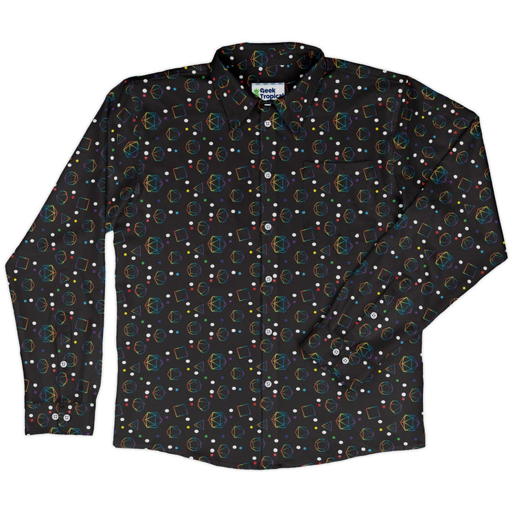 Rainbow LGBTQ+ Pride Dnd Dice Long Sleeve Button Up Shirt Geek Nerd adult sizing Design by Heather Davenport dnd & rpg print
