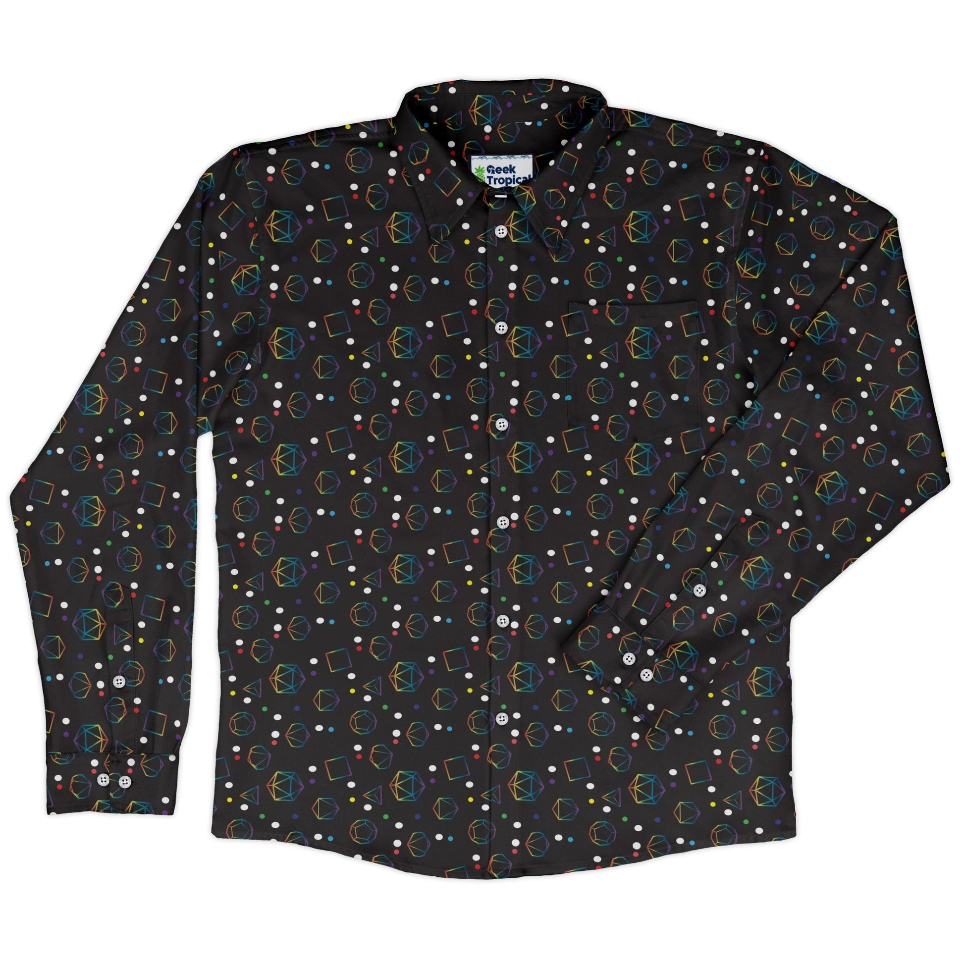 Rainbow LGBTQ+ Pride Dnd Dice Long Sleeve Button Up Shirt Geek Nerd adult sizing Design by Heather Davenport dnd & rpg print