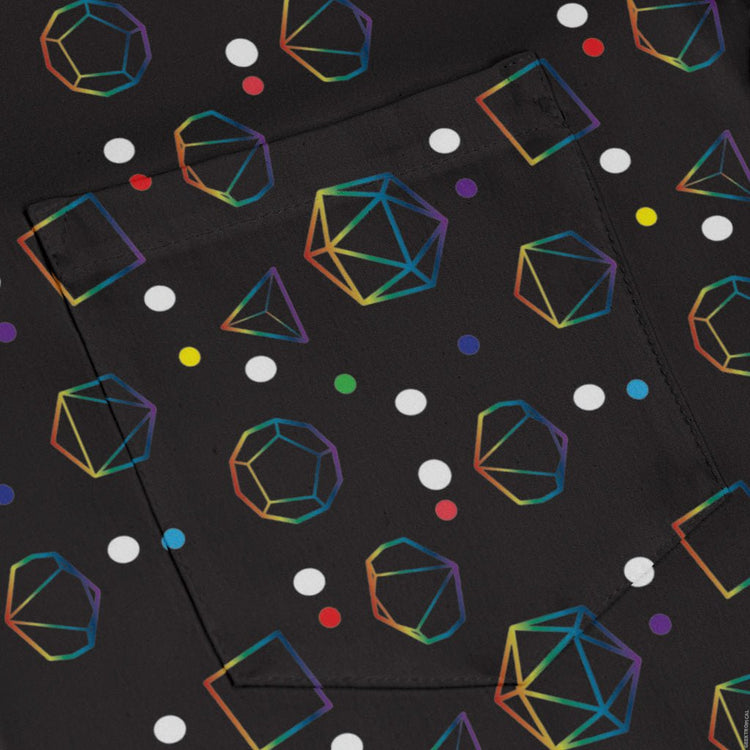 Rainbow LGBTQ+ Pride Dnd Dice Long Sleeve Button Up Shirt Geek Nerd adult sizing Design by Heather Davenport dnd & rpg print