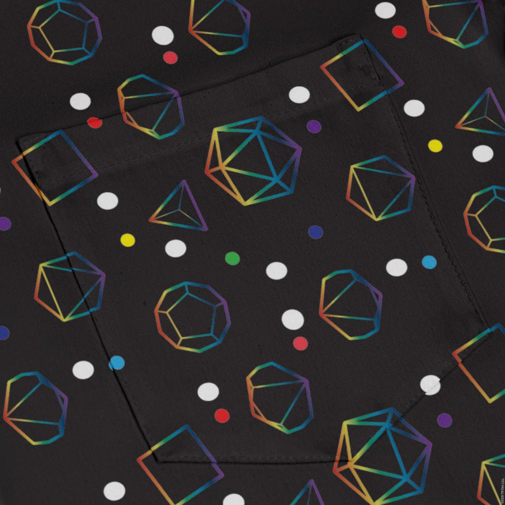 Rainbow LGBTQ+ Pride Dnd Dice Long Sleeve Button Up Shirt Geek Nerd adult sizing Design by Heather Davenport dnd & rpg print
