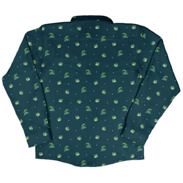 Raining Frogs Dark Teal Long Sleeve Button Up Shirt Geek Nerd adult sizing Animal Patterns Anime