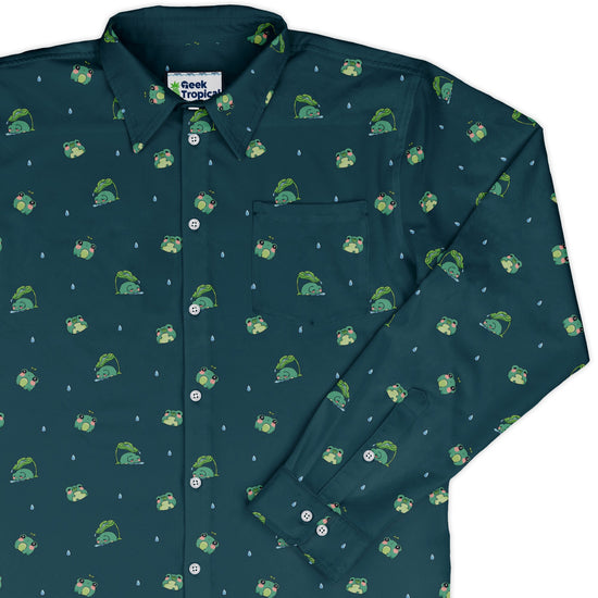 Raining Frogs Dark Teal Long Sleeve Button Up Shirt Geek Nerd adult sizing Animal Patterns Anime