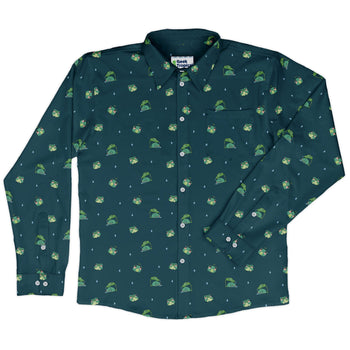 Raining Frogs Dark Teal Long Sleeve Button Up Shirt Geek Nerd adult sizing Animal Patterns Anime