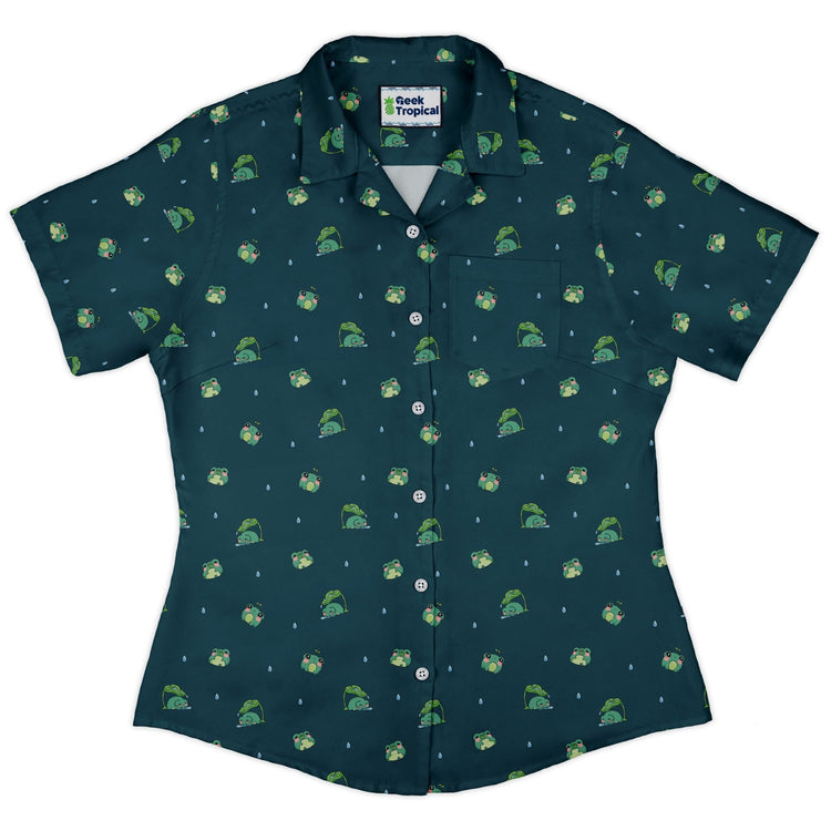 Raining Frogs Dark Teal Curvy Button Up Shirt Geek Nerd Animal Patterns Anime Design by Ardi Tong