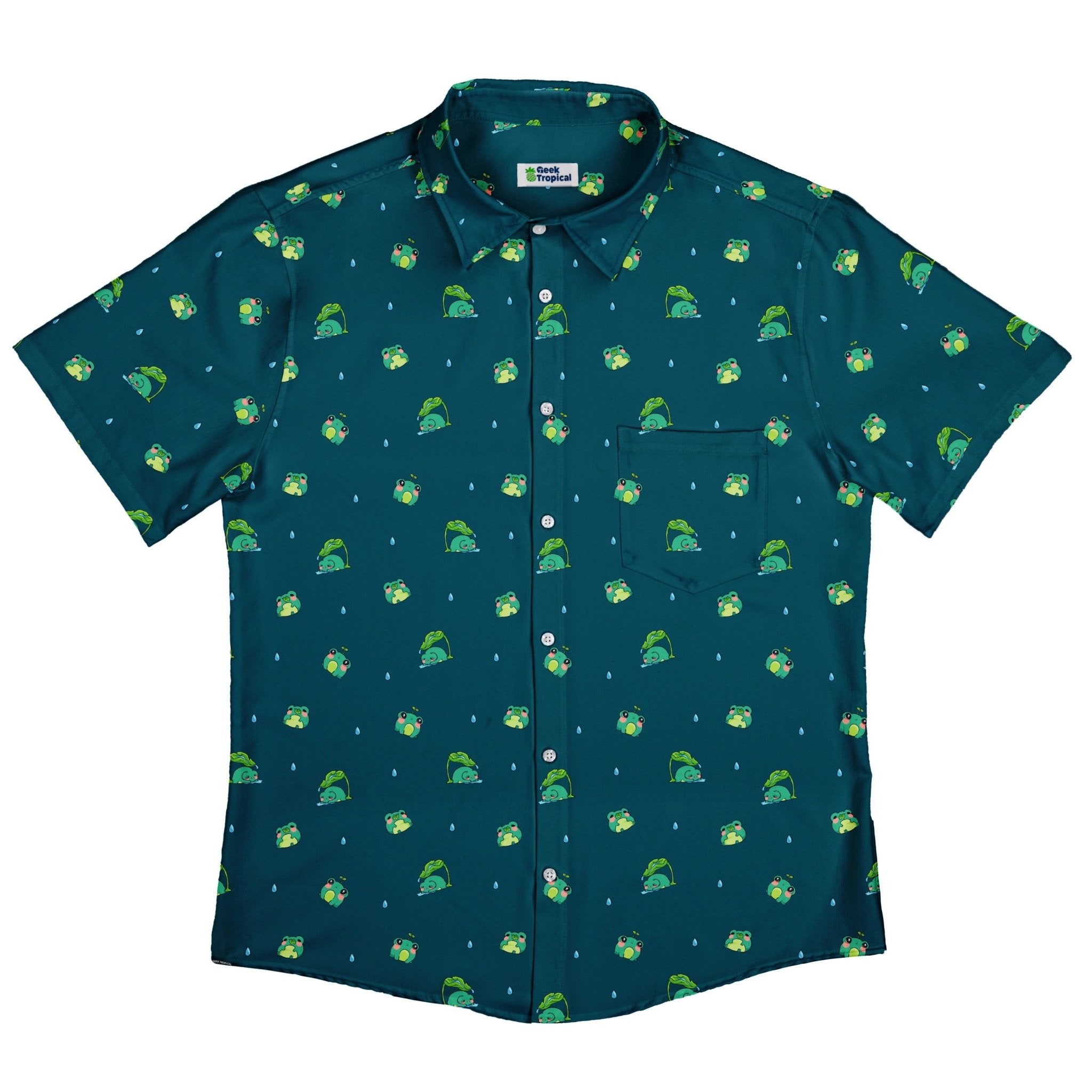 Raining Frogs Dark Teal Button Up Shirt - adult sizing - Animal Patterns - Anime