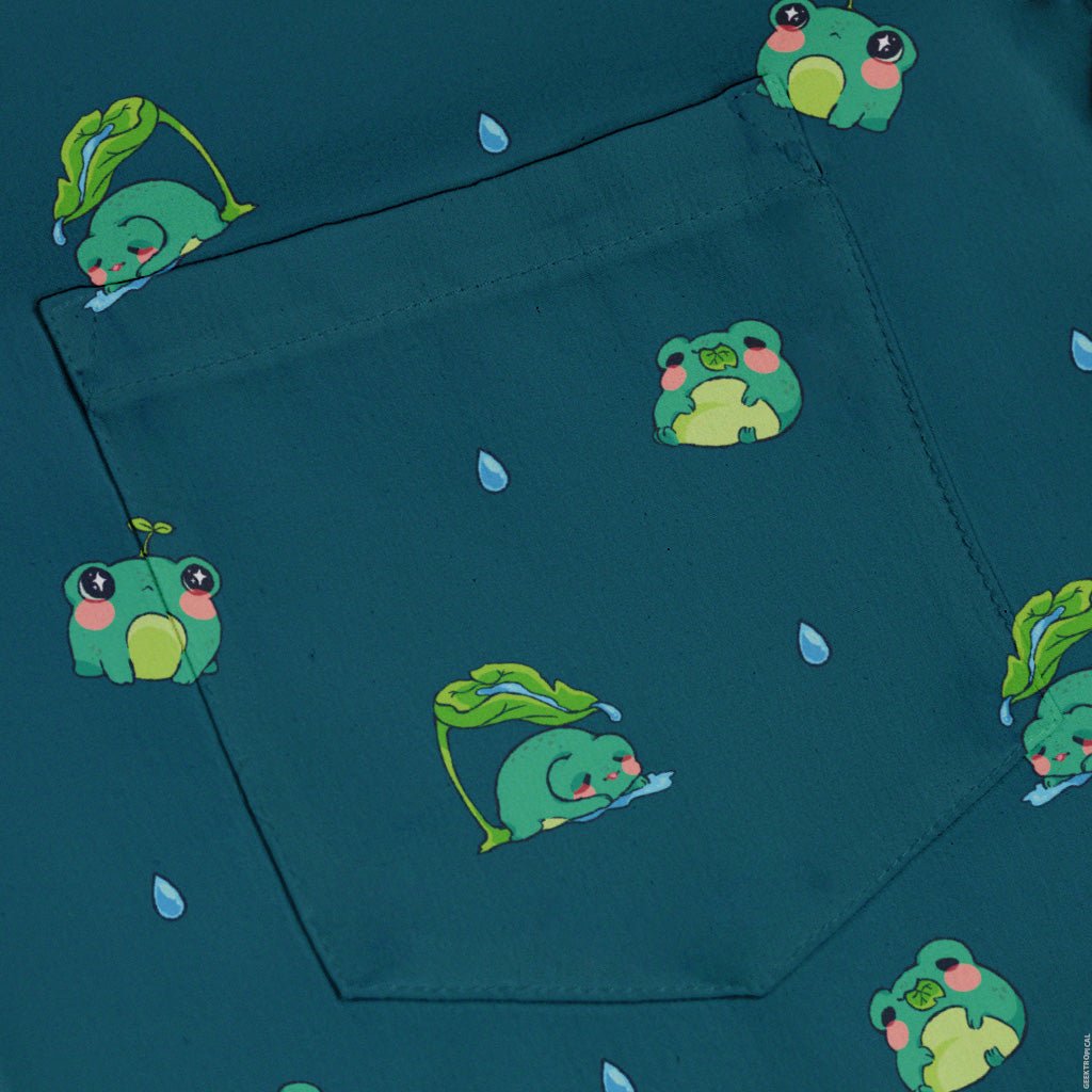 Raining Frogs Dark Teal Button Up Shirt - adult sizing - Animal Patterns - Anime