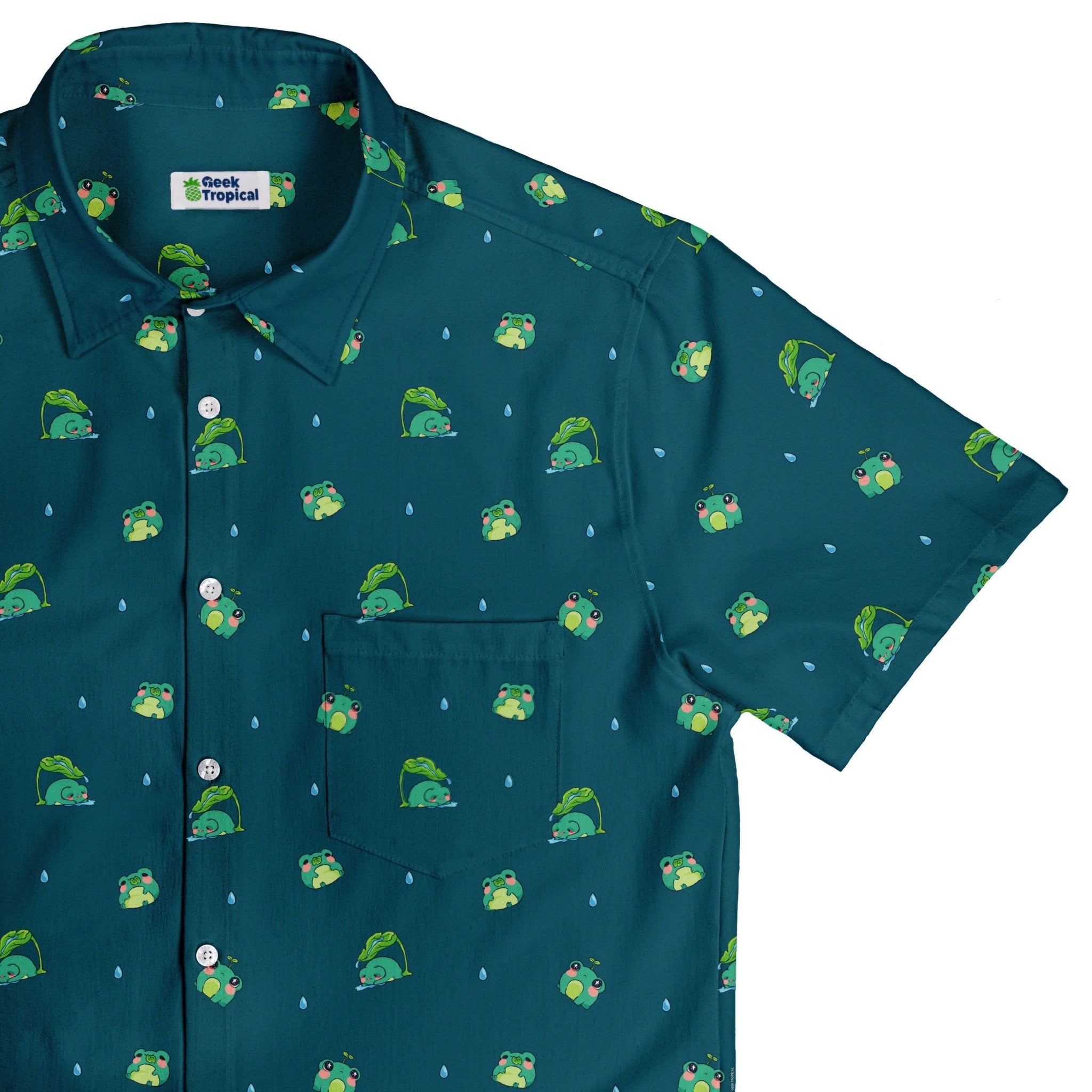 Raining Frogs Dark Teal Button Up Shirt - adult sizing - Animal Patterns - Anime