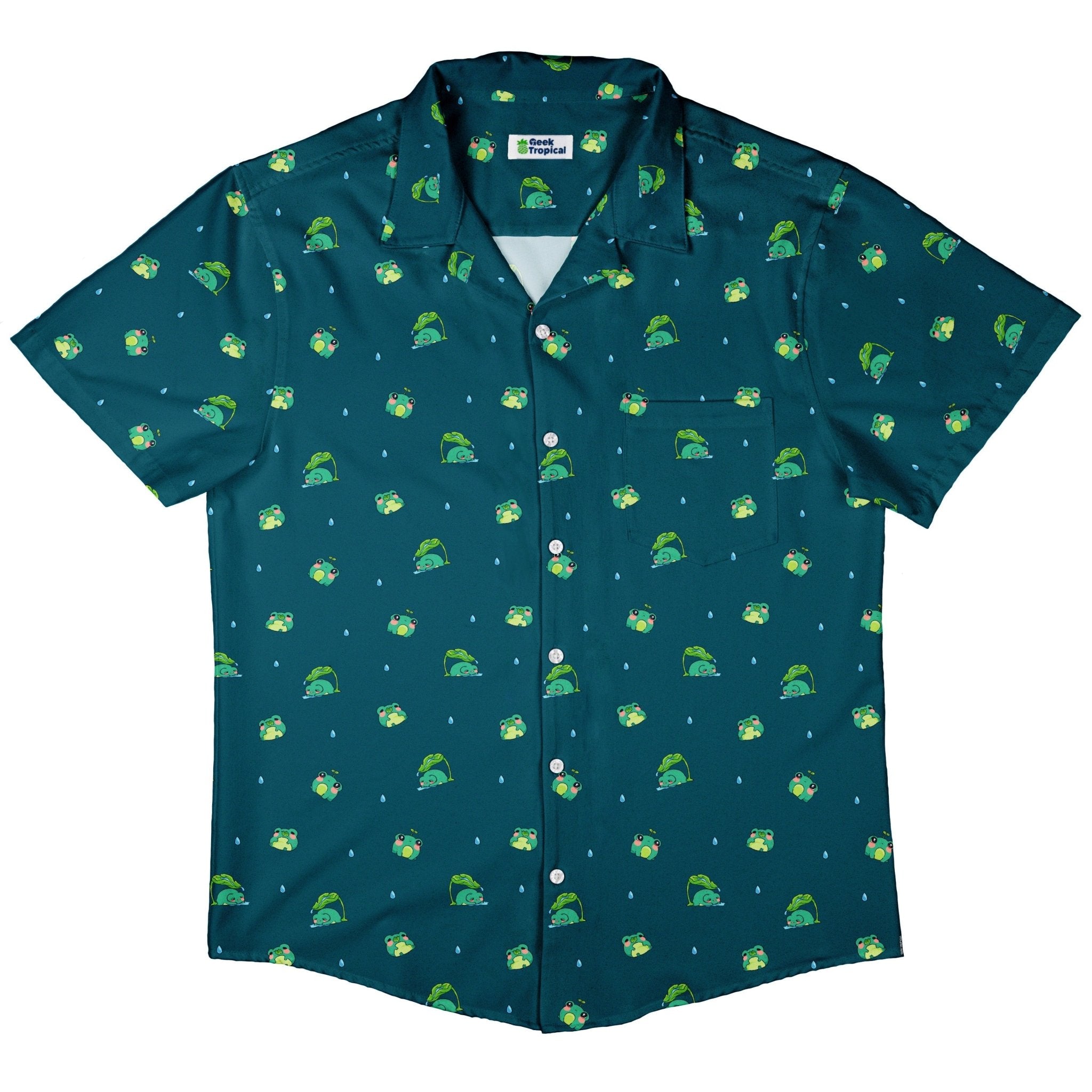 Raining Frogs Dark Teal Button Up Shirt - adult sizing - Animal Patterns - Anime