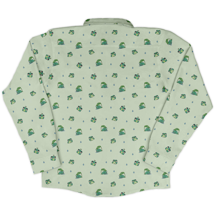 Raining Frogs Pastel Green Long Sleeve Button Up Shirt Geek Nerd adult sizing Animal Patterns Anime