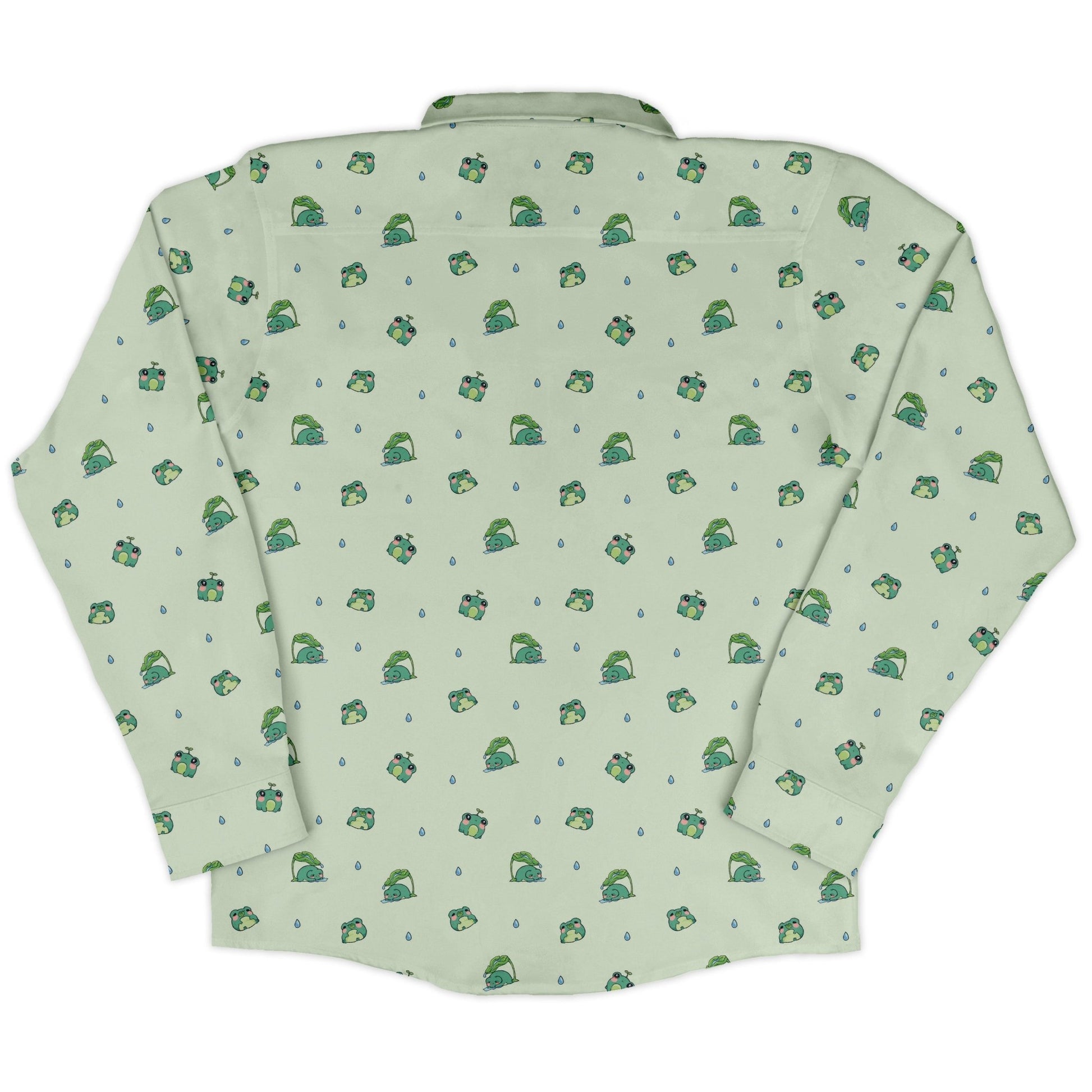 Raining Frogs Pastel Green Long Sleeve Button Up Shirt Geek Nerd adult sizing Animal Patterns Anime