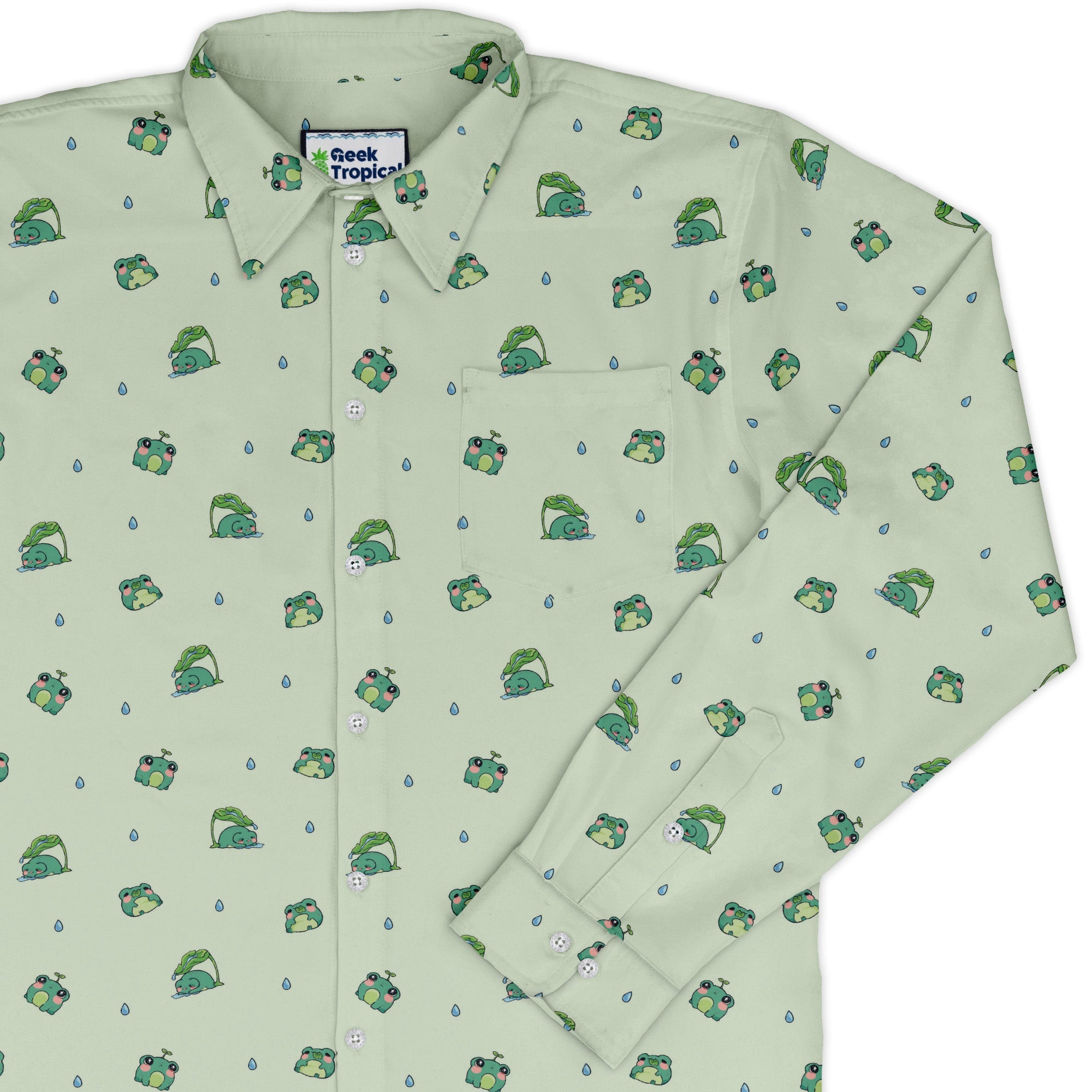 Raining Frogs Pastel Green Long Sleeve Button Up Shirt Geek Nerd adult sizing Animal Patterns Anime