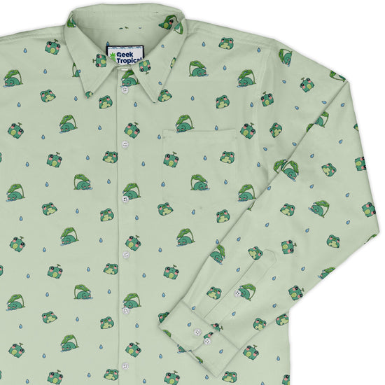 Raining Frogs Pastel Green Long Sleeve Button Up Shirt Geek Nerd adult sizing Animal Patterns Anime