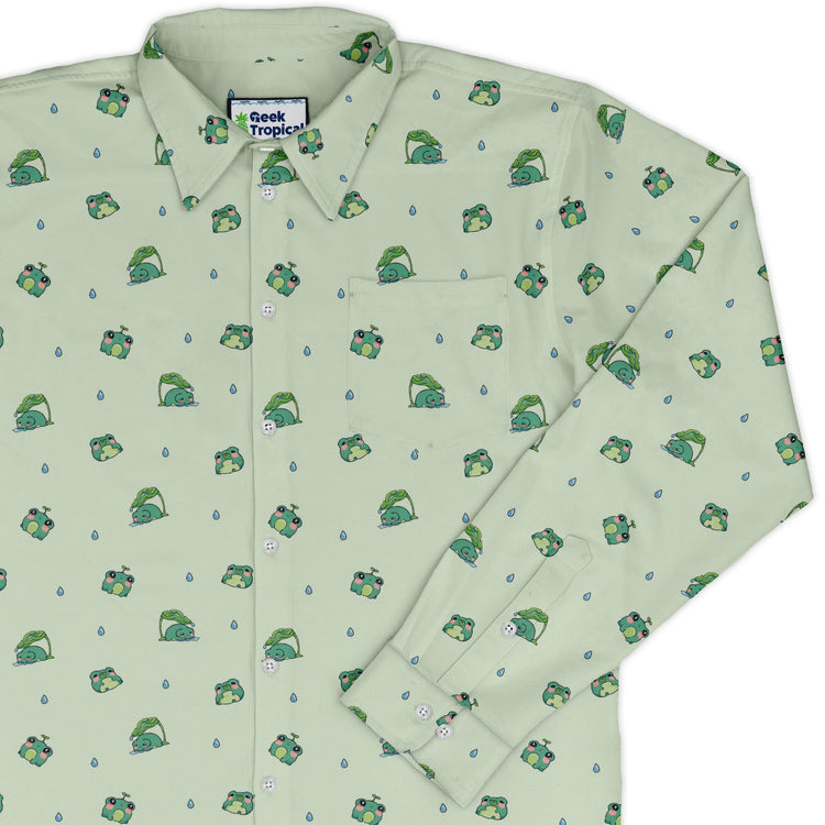 Raining Frogs Pastel Green Long Sleeve Button Up Shirt Geek Nerd adult sizing Animal Patterns Anime