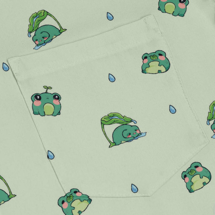 Raining Frogs Pastel Green Long Sleeve Button Up Shirt Geek Nerd adult sizing Animal Patterns Anime