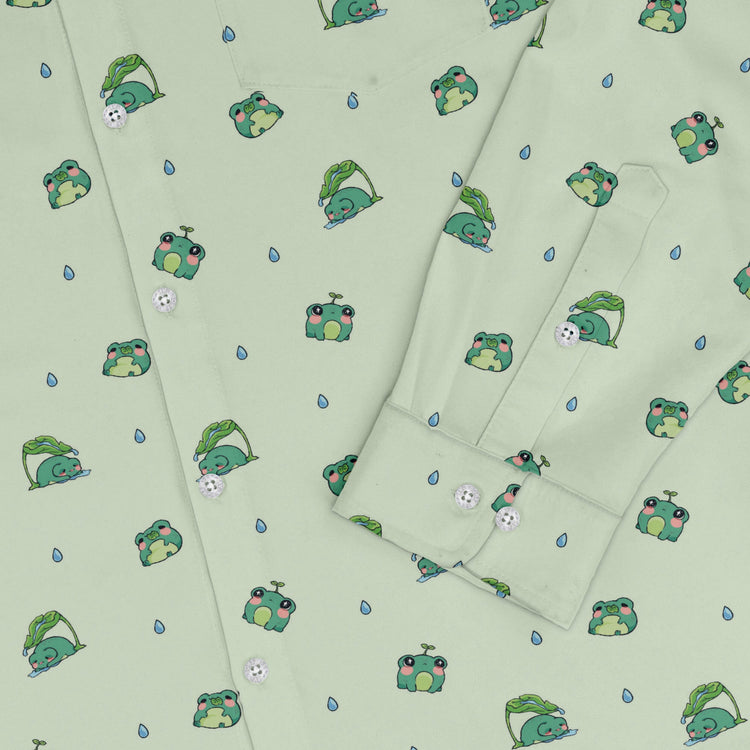 Raining Frogs Pastel Green Long Sleeve Button Up Shirt Geek Nerd adult sizing Animal Patterns Anime