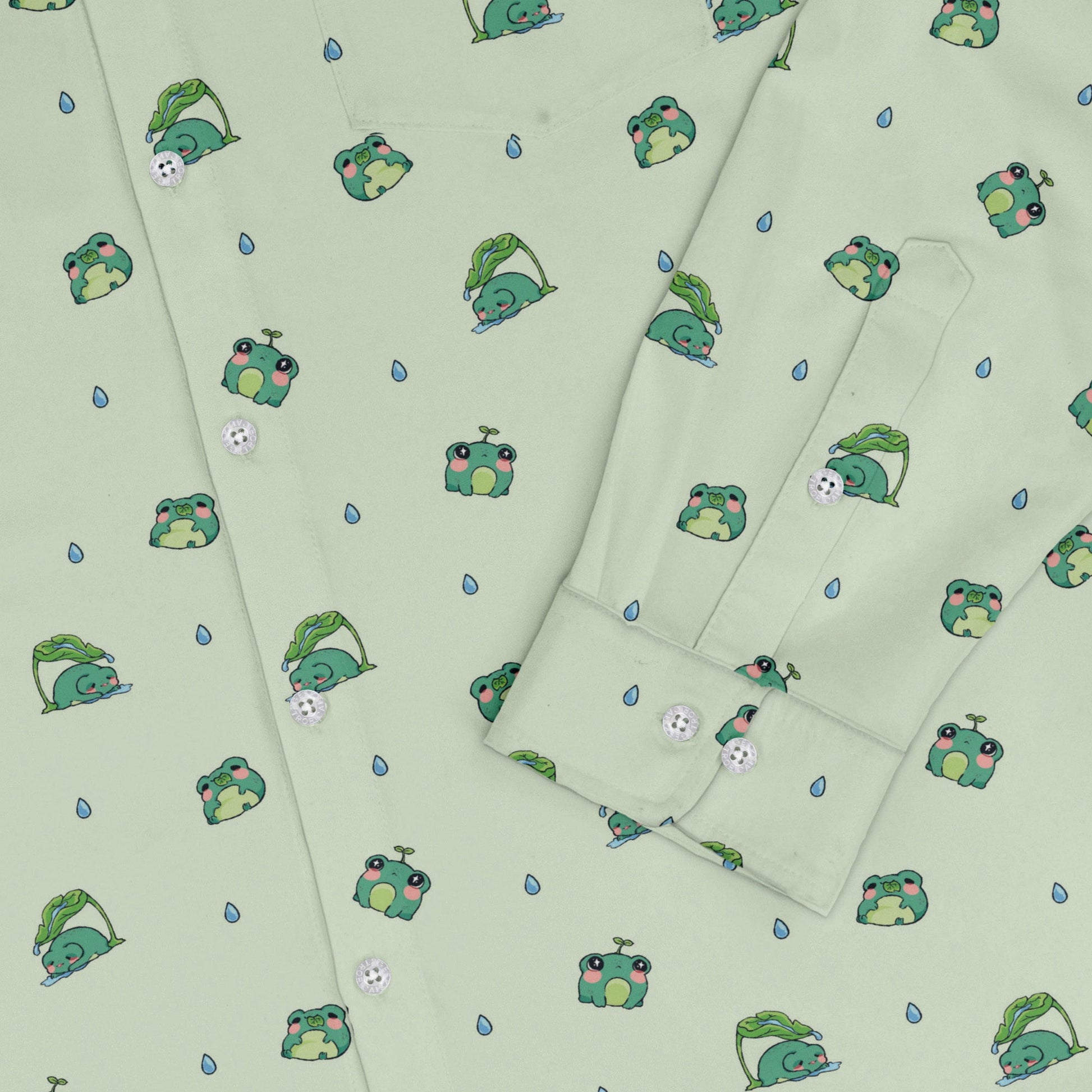 Raining Frogs Pastel Green Long Sleeve Button Up Shirt Geek Nerd adult sizing Animal Patterns Anime