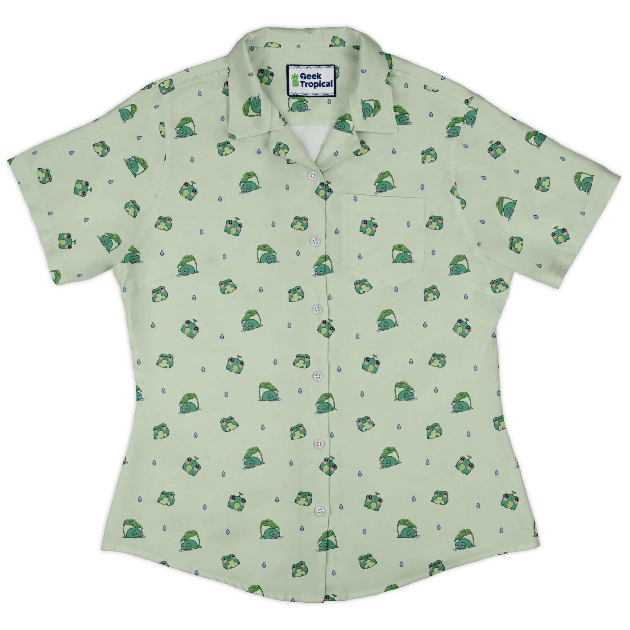 Clearance Ready - to - Ship Raining Frogs Pastel Green Curvy Button Up Shirt Geek Nerd Animal Patterns Anime Clearance