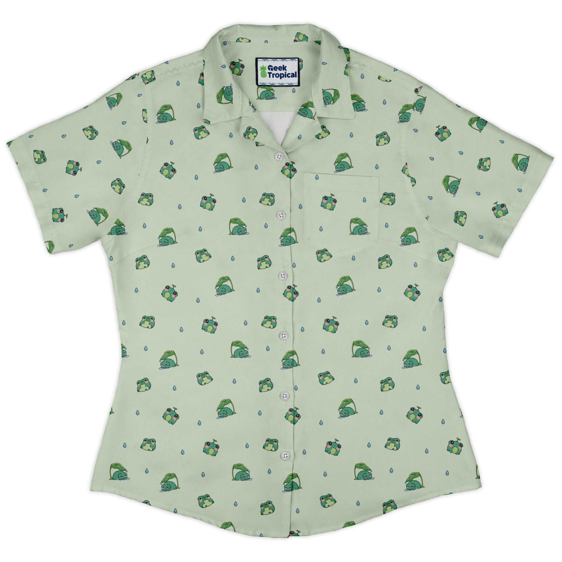 Clearance Ready - to - Ship Raining Frogs Pastel Green Curvy Button Up Shirt Geek Nerd Animal Patterns Anime Clearance