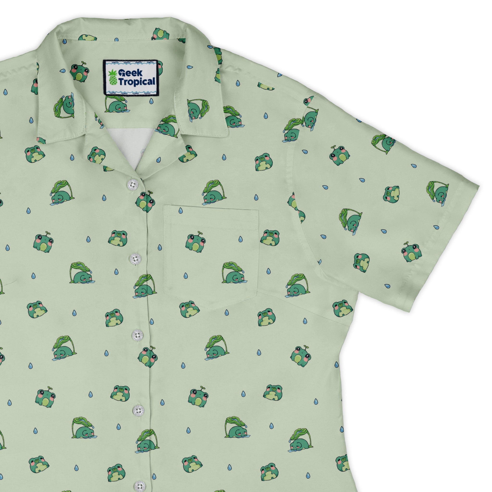 Raining Frogs Pastel Green Curvy Button Up Shirt Geek Nerd Animal Patterns Anime Design by Ardi Tong