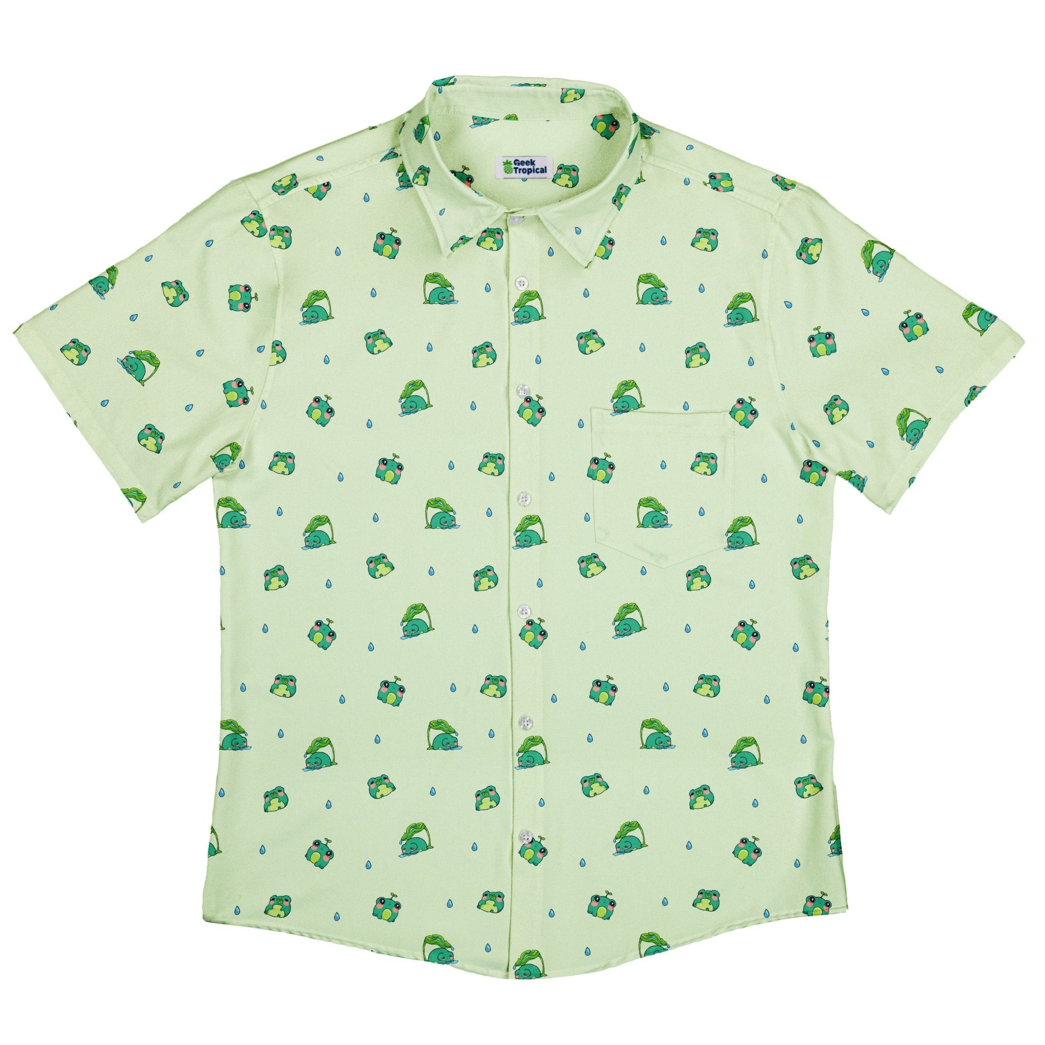 Raining Frogs Pastel Green Button Up Shirt - adult sizing - Animal Patterns - Anime