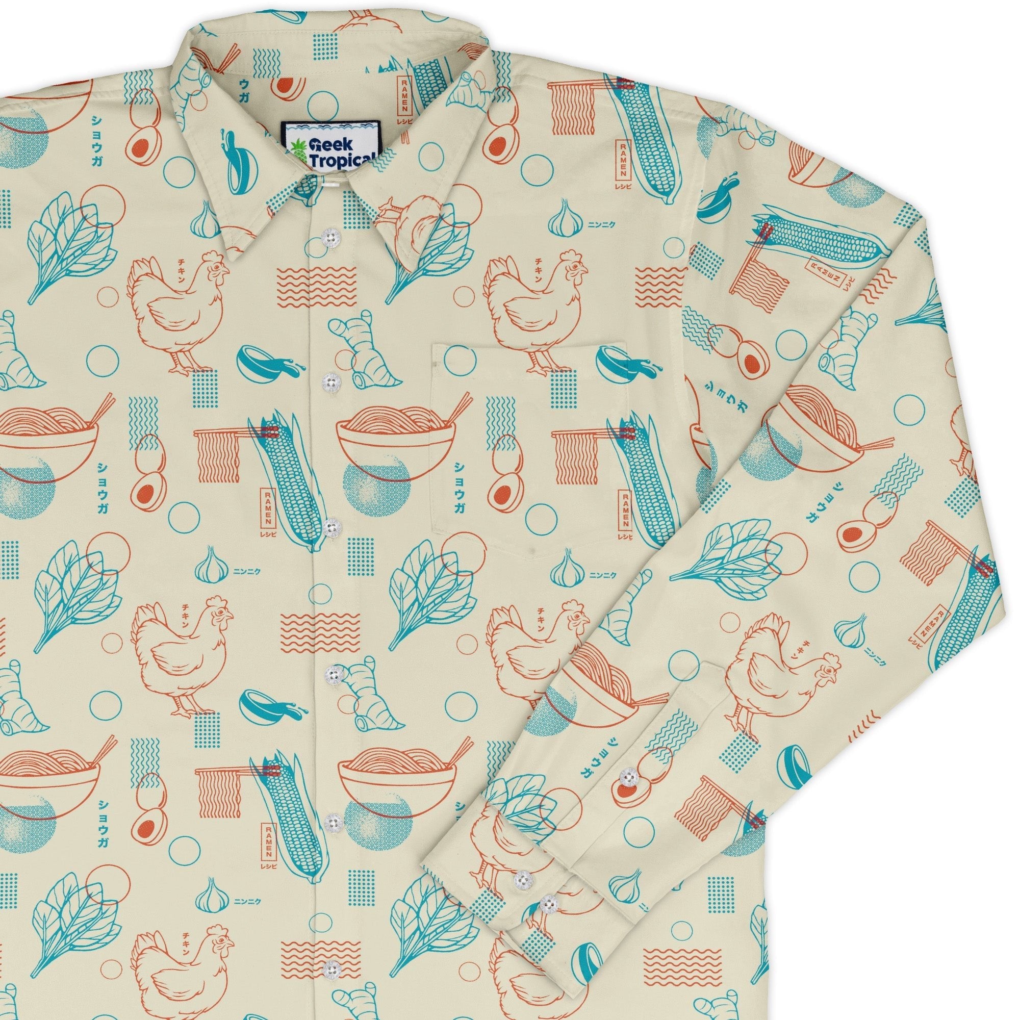 Ramen Recipe Japanese Long Sleeve Button Up Shirt Geek Nerd adult sizing Anime Design by Tobe Fonseca