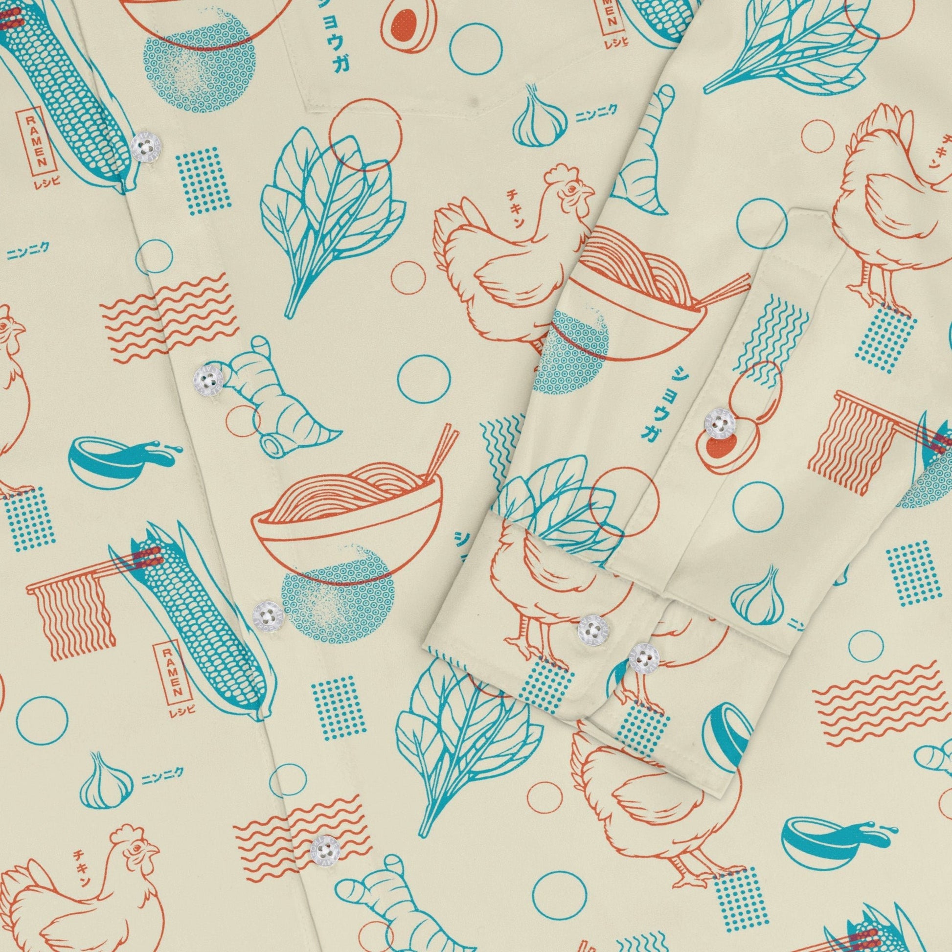 Ramen Recipe Japanese Long Sleeve Button Up Shirt Geek Nerd adult sizing Anime Design by Tobe Fonseca