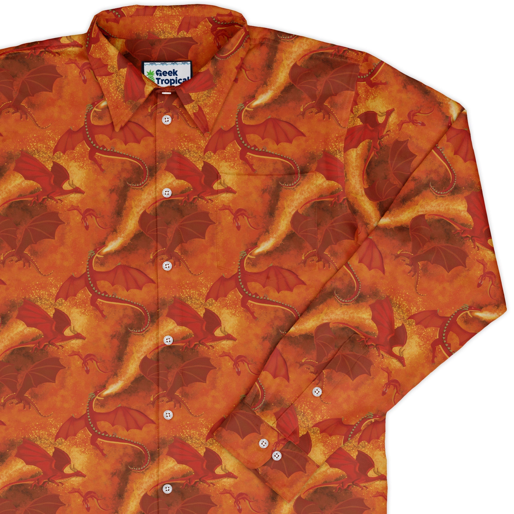 Red Dragon Fire Dnd Long Sleeve Button Up Shirt Geek Nerd adult sizing Animal Patterns Designs by Nathan