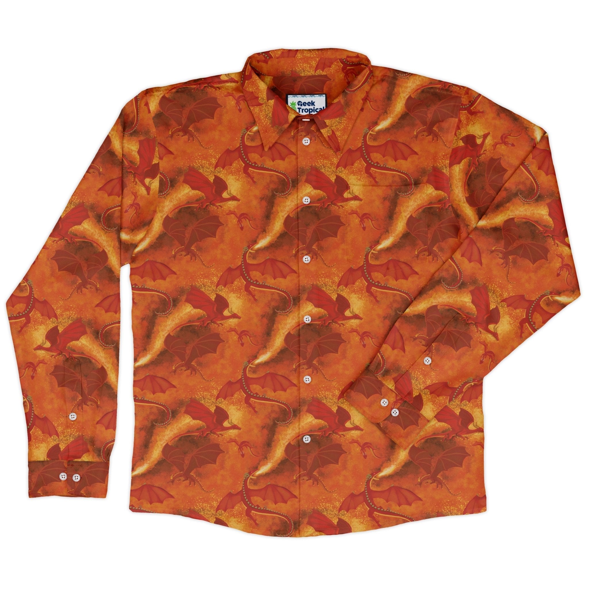 Red Dragon Fire Dnd Long Sleeve Button Up Shirt Geek Nerd adult sizing Animal Patterns Designs by Nathan