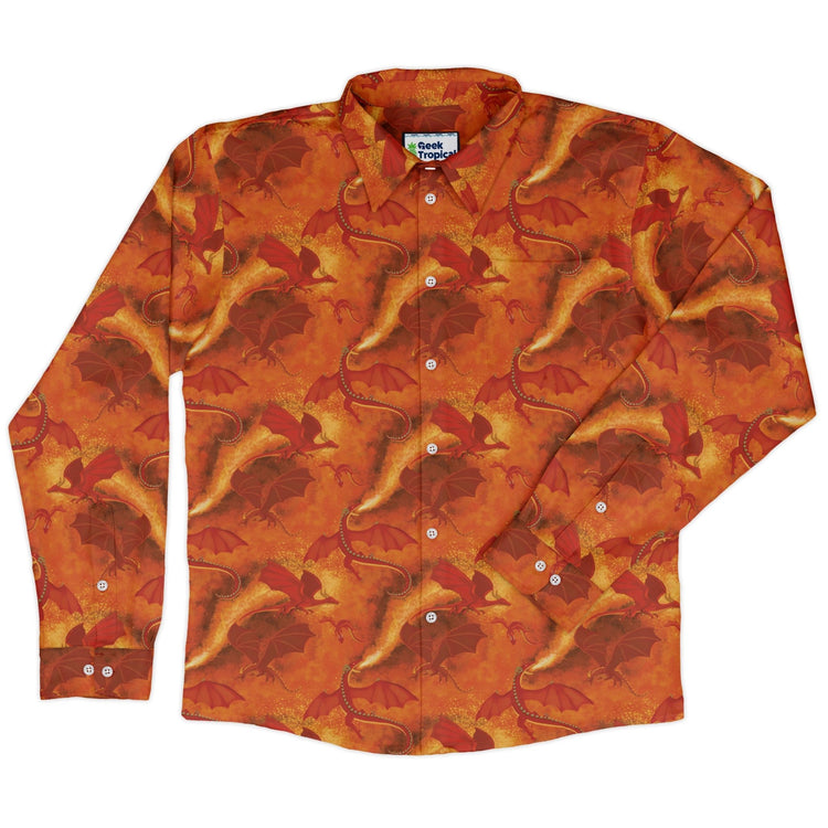 Red Dragon Fire Dnd Long Sleeve Button Up Shirt Geek Nerd adult sizing Animal Patterns Designs by Nathan