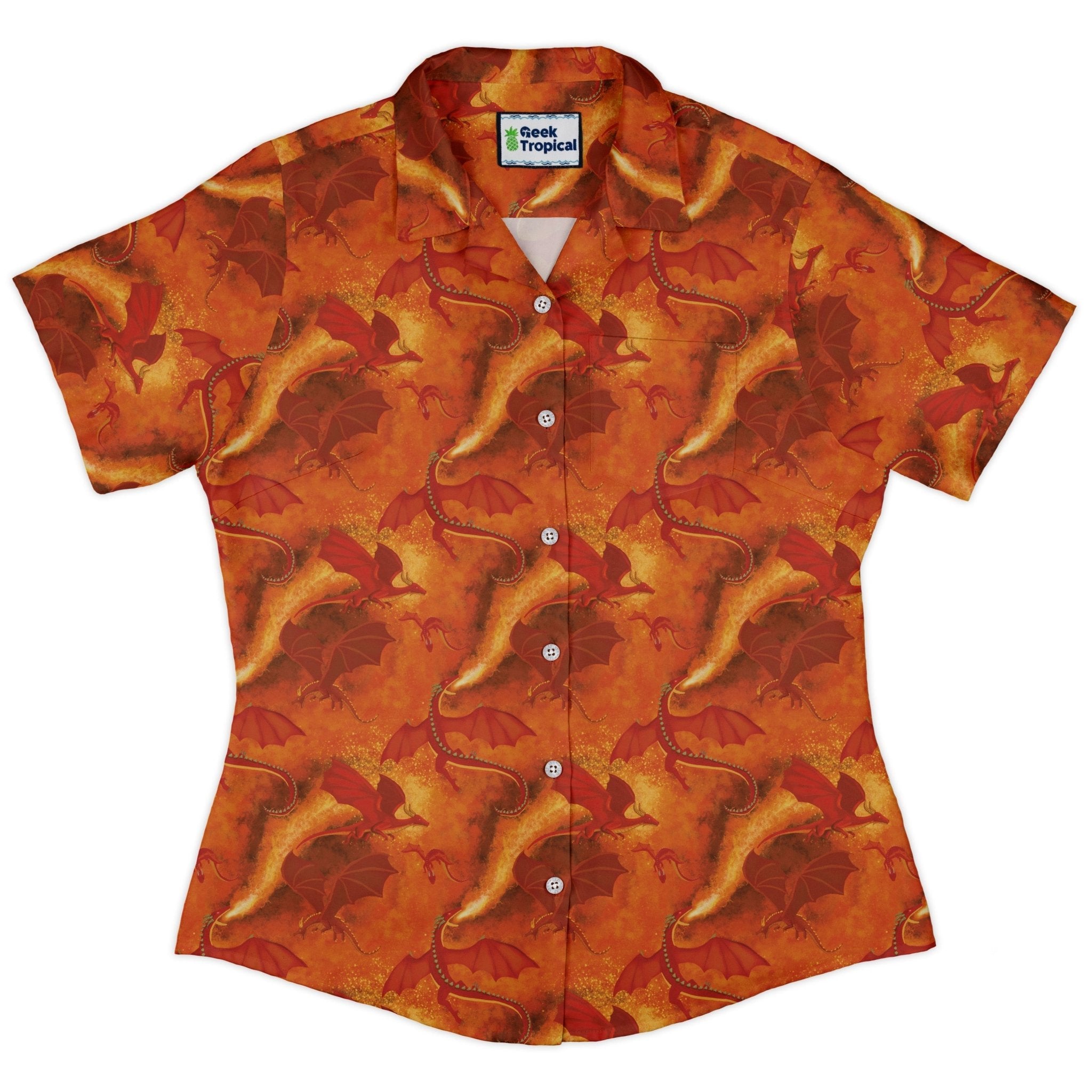 Red Dragon Fire Dnd Curvy Button Up Shirt Geek Nerd Animal Patterns Designs by Nathan dnd & rpg print