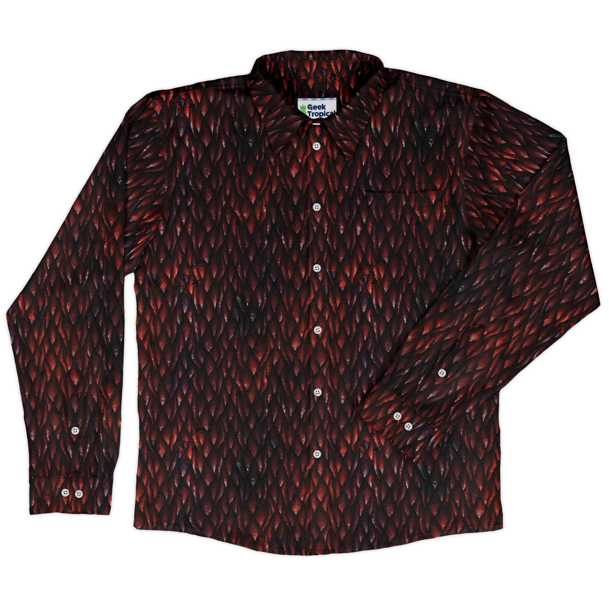 Red Dragon Scales Dnd Long Sleeve Button Up Shirt Geek Nerd adult sizing dnd & rpg print Fantasy Prints