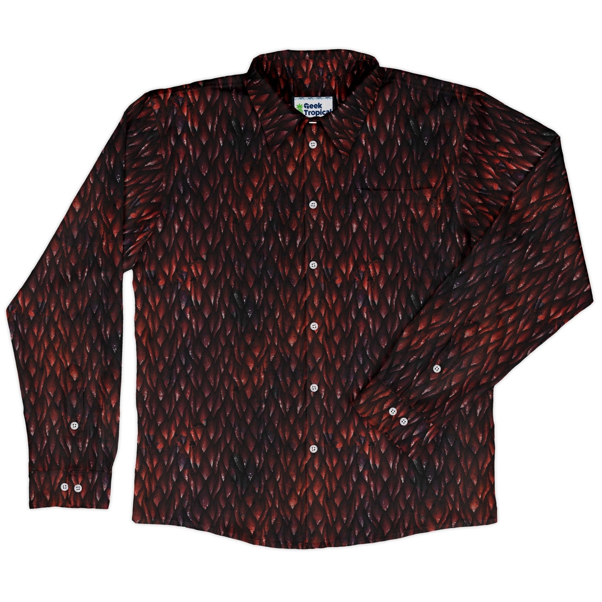 Red Dragon Scales Dnd Long Sleeve Button Up Shirt Geek Nerd adult sizing dnd & rpg print Fantasy Prints