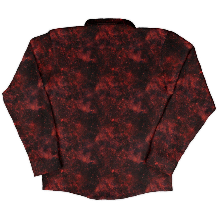 Red Nebula Space Long Sleeve Button Up Shirt Geek Nerd adult sizing FLOW DESC WRITING outer space & astronaut print