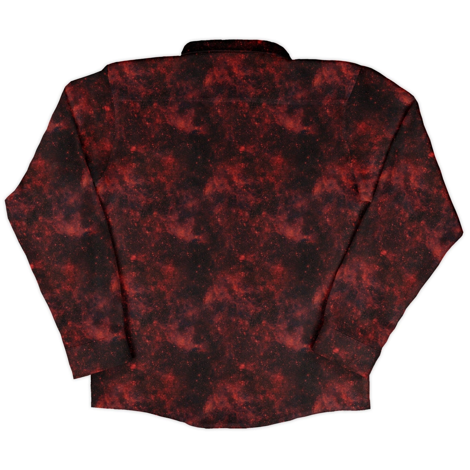 Red Nebula Space Long Sleeve Button Up Shirt Geek Nerd adult sizing FLOW DESC WRITING outer space & astronaut print
