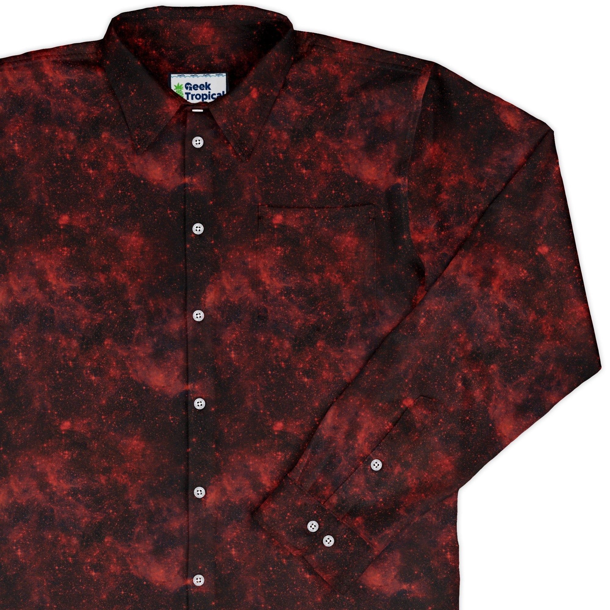 Red Nebula Space Long Sleeve Button Up Shirt Geek Nerd adult sizing FLOW DESC WRITING outer space & astronaut print