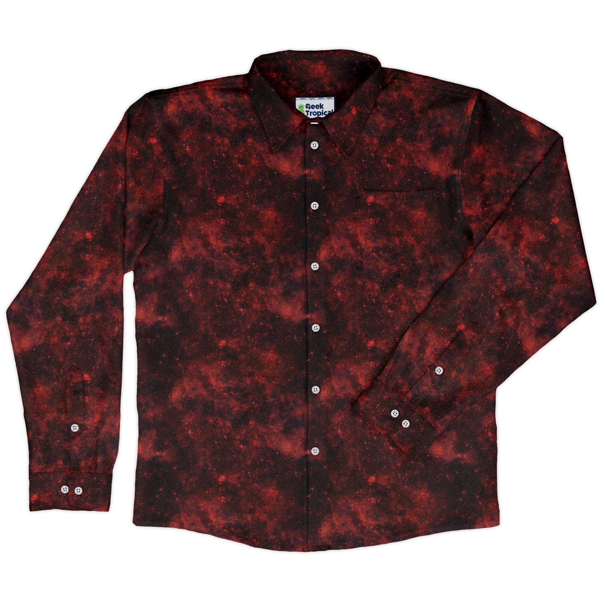 Red Nebula Space Long Sleeve Button Up Shirt Geek Nerd adult sizing FLOW DESC WRITING outer space & astronaut print