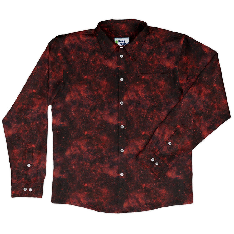 Red Nebula Space Long Sleeve Button Up Shirt Geek Nerd adult sizing FLOW DESC WRITING outer space & astronaut print