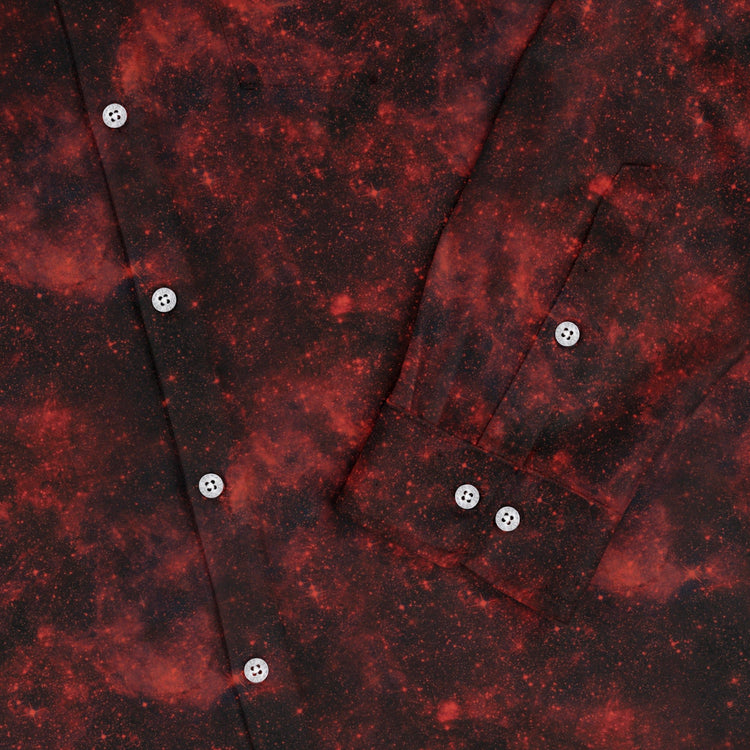 Red Nebula Space Long Sleeve Button Up Shirt Geek Nerd adult sizing FLOW DESC WRITING outer space & astronaut print