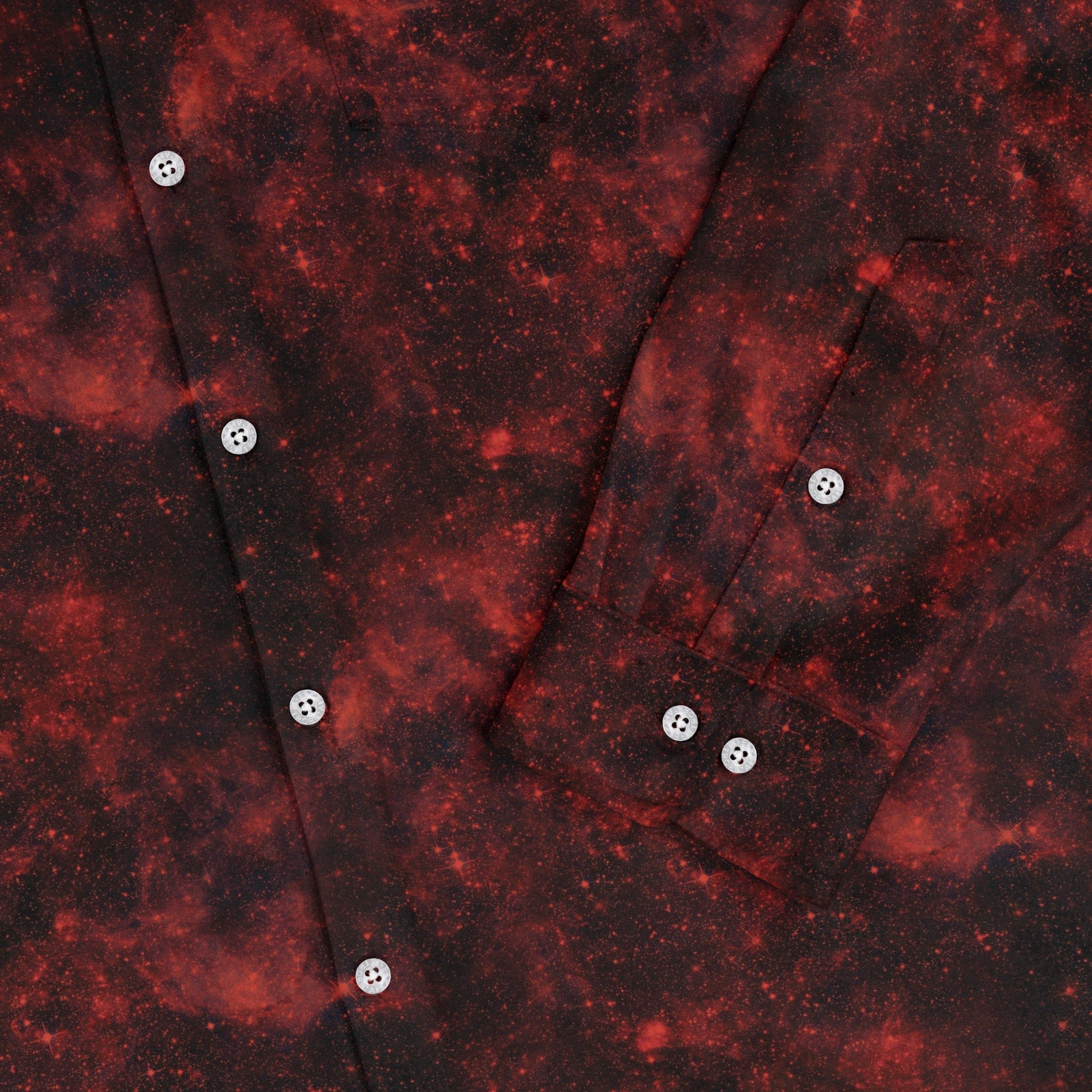 Red Nebula Space Long Sleeve Button Up Shirt Geek Nerd adult sizing FLOW DESC WRITING outer space & astronaut print
