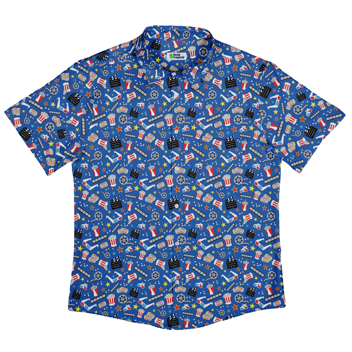 Reel Good Movie Time Blue Button Up Shirt Flat Front
