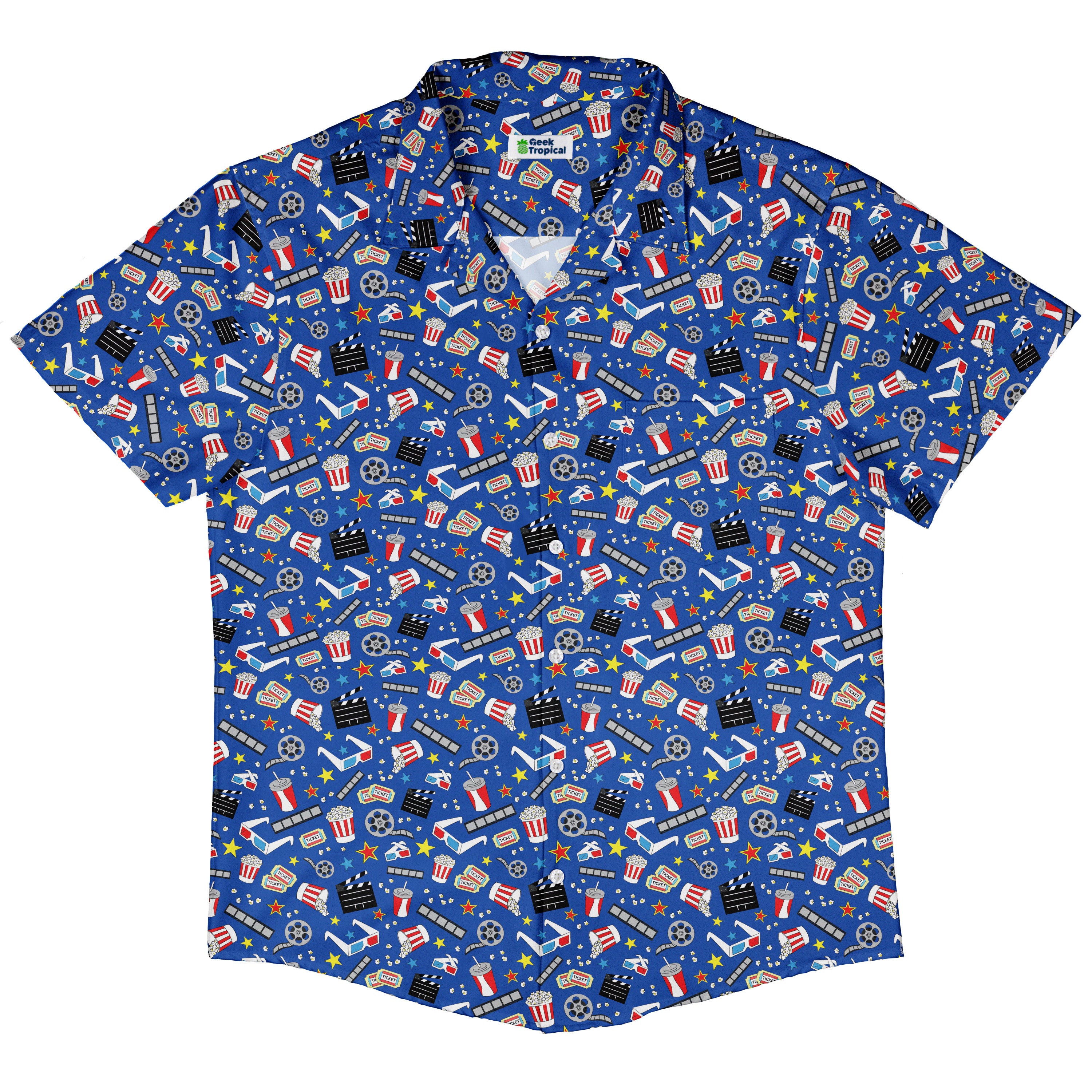 Reel Good Movie Time Blue Button Up Shirt Hawaiian Front