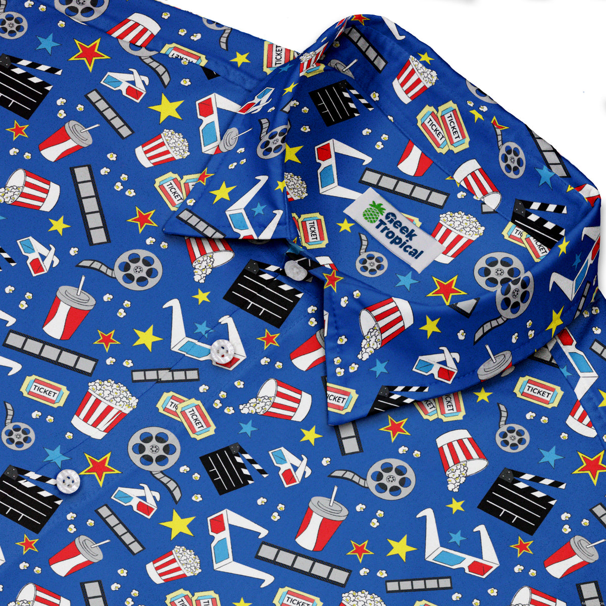 Reel Good Movie Time Blue Button Up Shirt Neck
