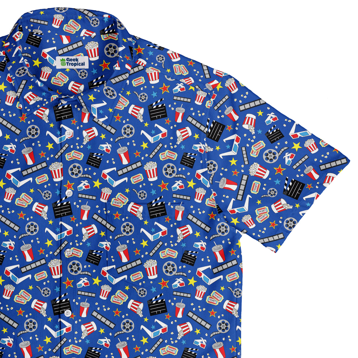 Reel Good Movie Time Blue Button Up Shirt Top Corner