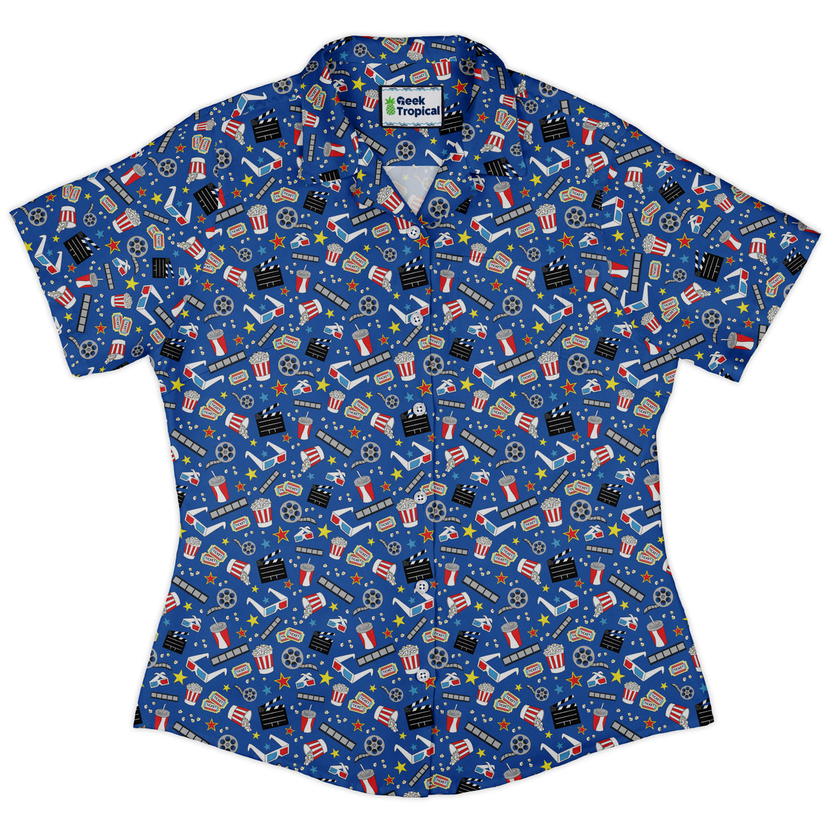 Reel Good Movie Time Blue Curvy Button Up Shirt Old Curvy Button Up Shirt womens front