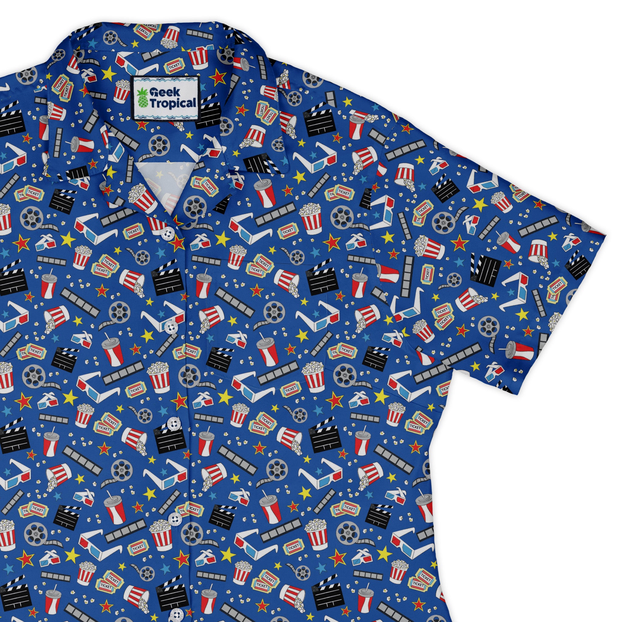 Reel Good Movie Time Blue Curvy Button Up Shirt Old Curvy Button Up Shirt womens top right