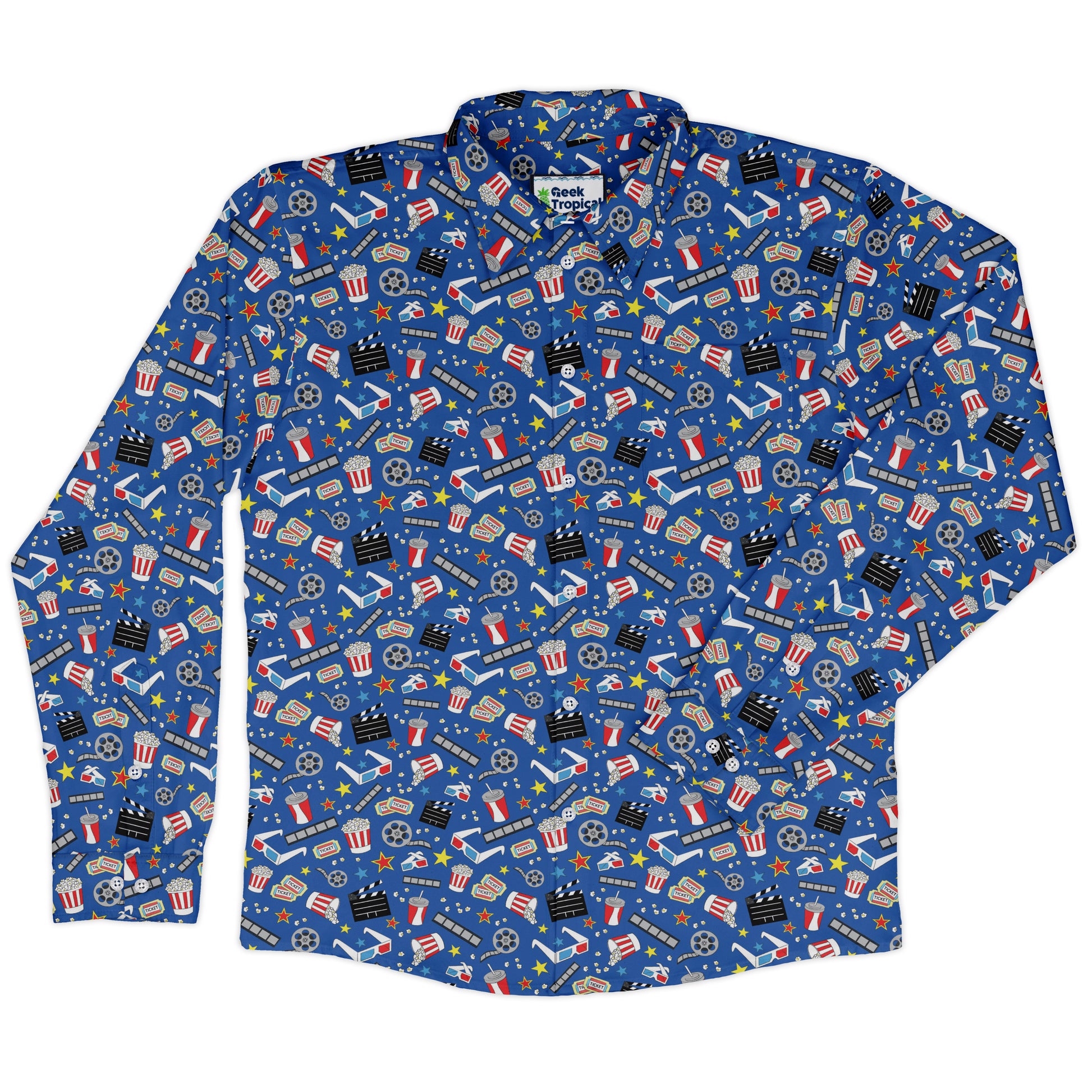 Reel Good Movie Time Blue Long Sleeve Button Up Shirt front